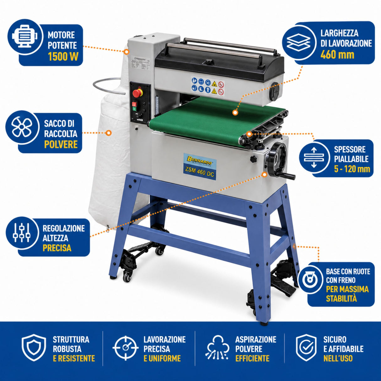 Ponceuse calibreuse Bernardo ZSM 460 DC – 230V, 460 mm avec aspiration intégrée