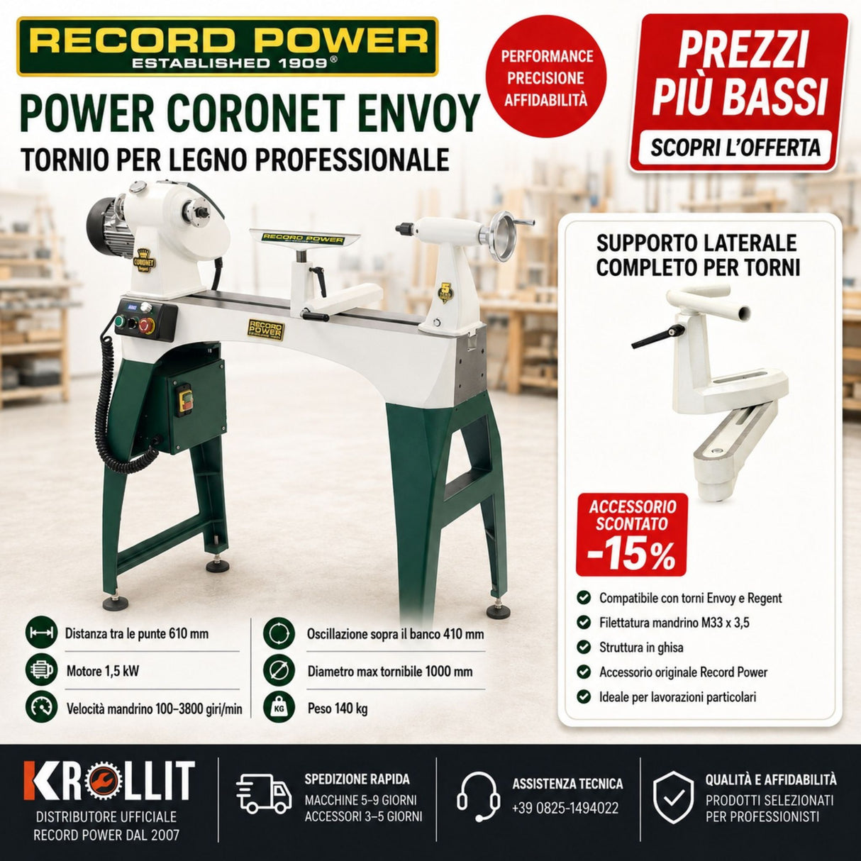 Combo tour à bois Record Power CORONET ENVOY + Support latéral complet