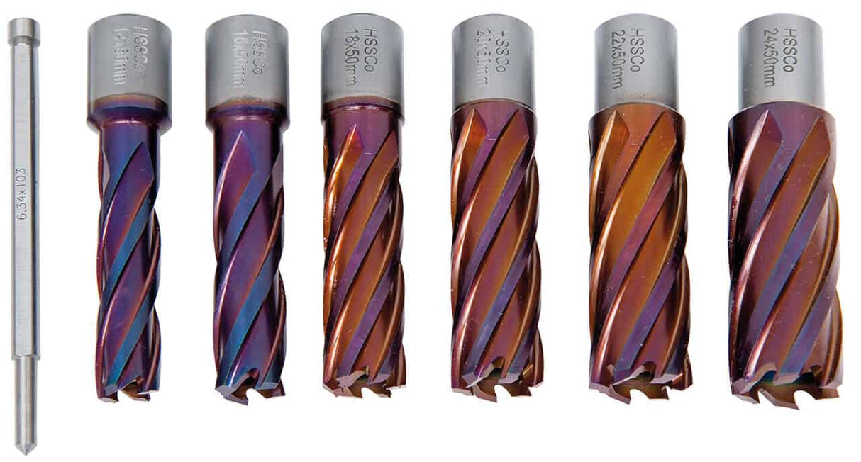 Set fresa a corona HSSCO5 CDL, con rivestimento in nACO, 14 - 24 mm, profondità di foratura 50 mm