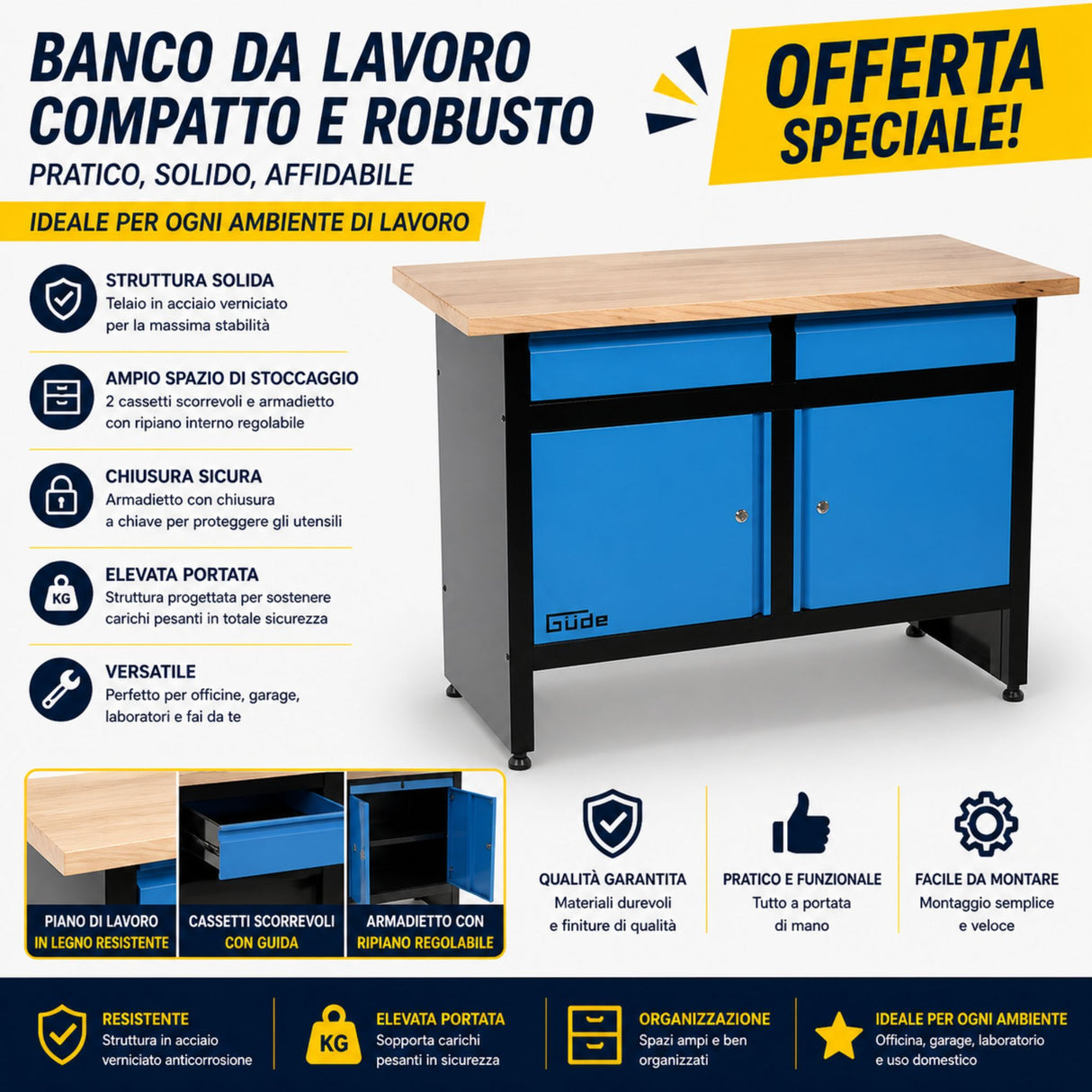 Banco da lavoro Güde GW 2/2 con capacità di carico fino a 300 kg, dotato di cassetti e ante per organizzare utensili e accessori in officina in modo pratico ed efficiente.