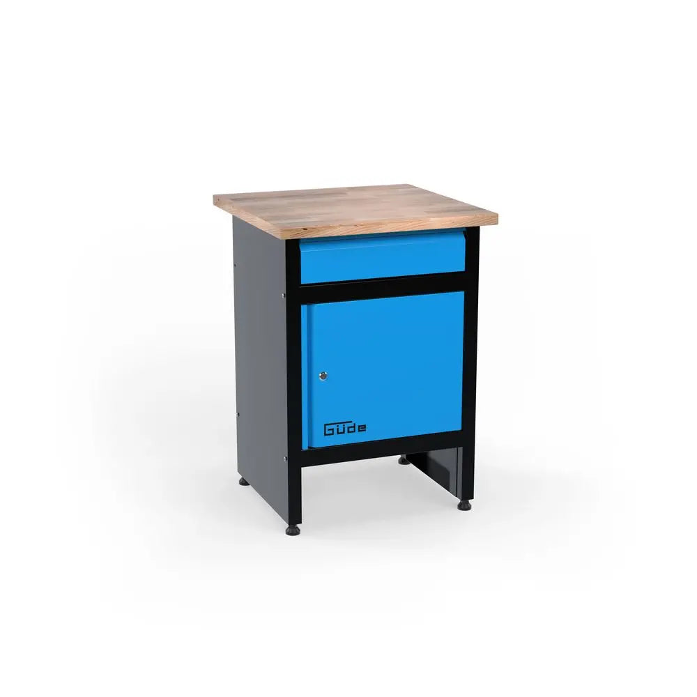 Banco da lavoro Guede GW 1/1 S con piano in rubberwood massello 60x60 cm, cassetto a estrazione totale e anta con serratura, ideale per garage e piccoli laboratori.