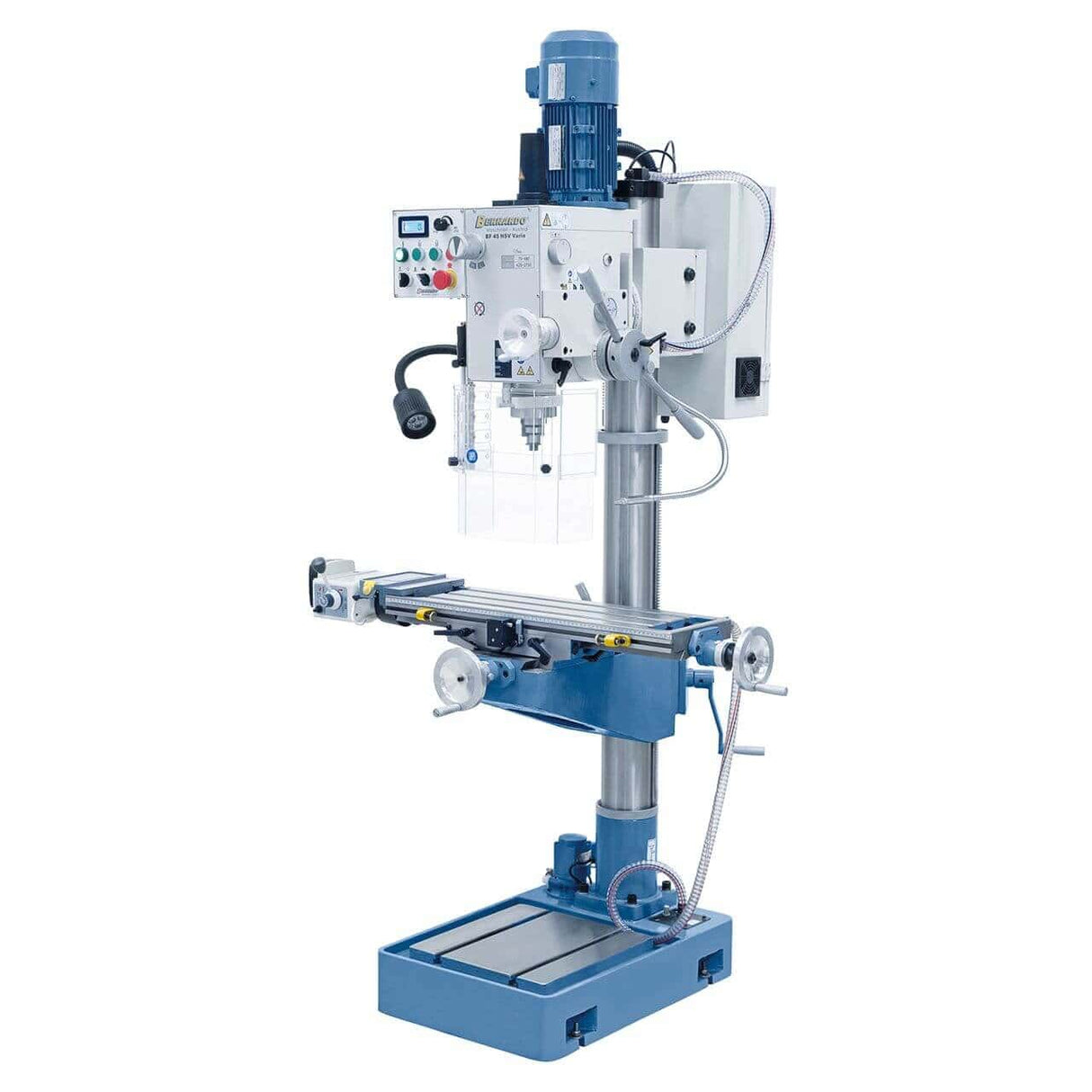 Trapano-fresatrice Bernardo BF 45 HSV Vario con tavola a croce 730 x 210 mm, testa inclinabile ±90°, inverter Delta, avanzamento automatico asse X e dotazione completa.