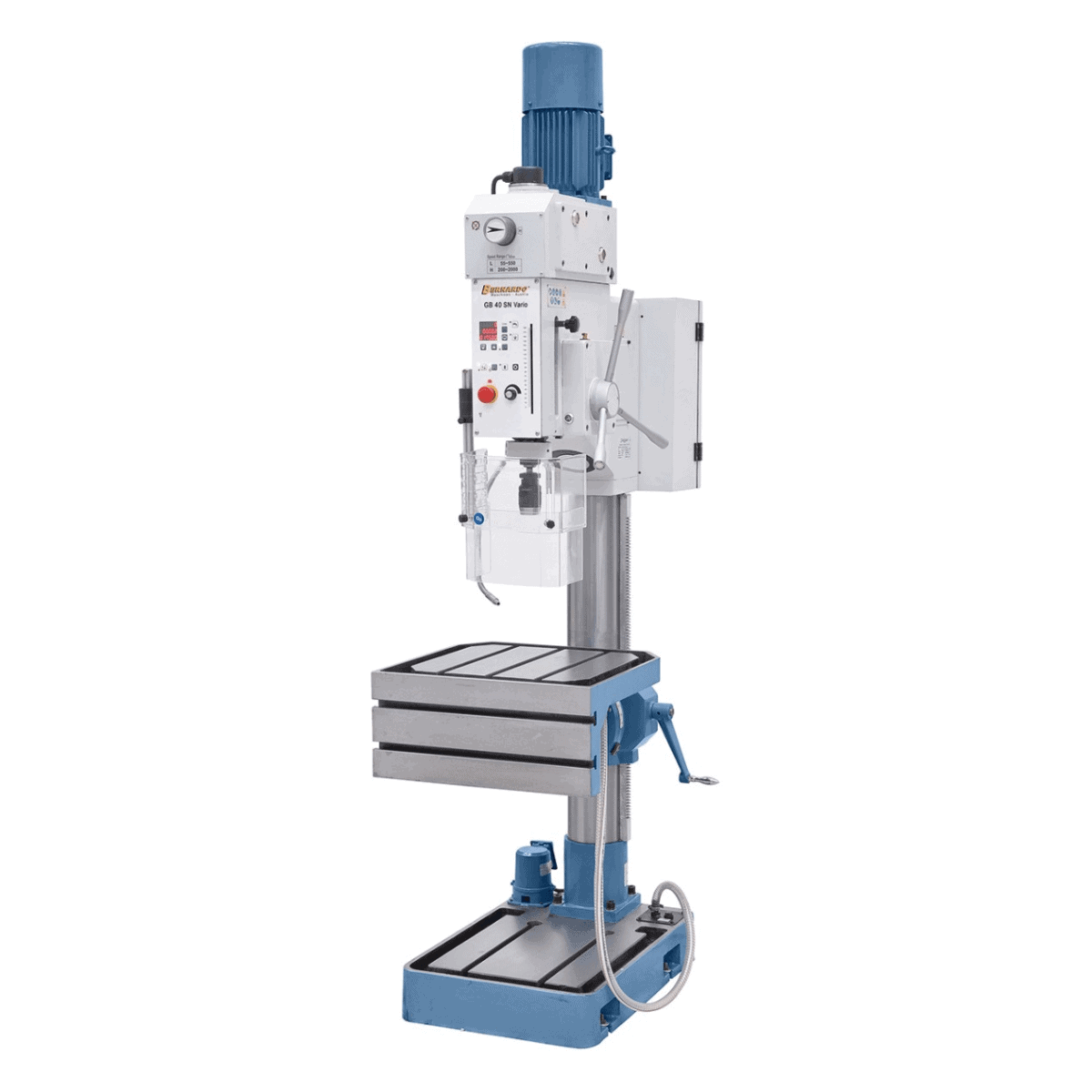 Trapano a colonna Bernardo GB 40 SN Vario con tavola inclinabile, due avanzamenti automatici, display digitale e pompa refrigerante integrata. Capacità di foratura fino a 40 mm.