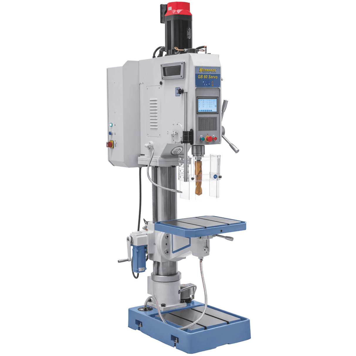Trapano a ingranaggi Bernardo GB 60 Servo con controllo touchscreen, servomotori, tavola inclinabile e girevole, pompa refrigerante integrata e capacitΓ di foratura fino a 60 mm.