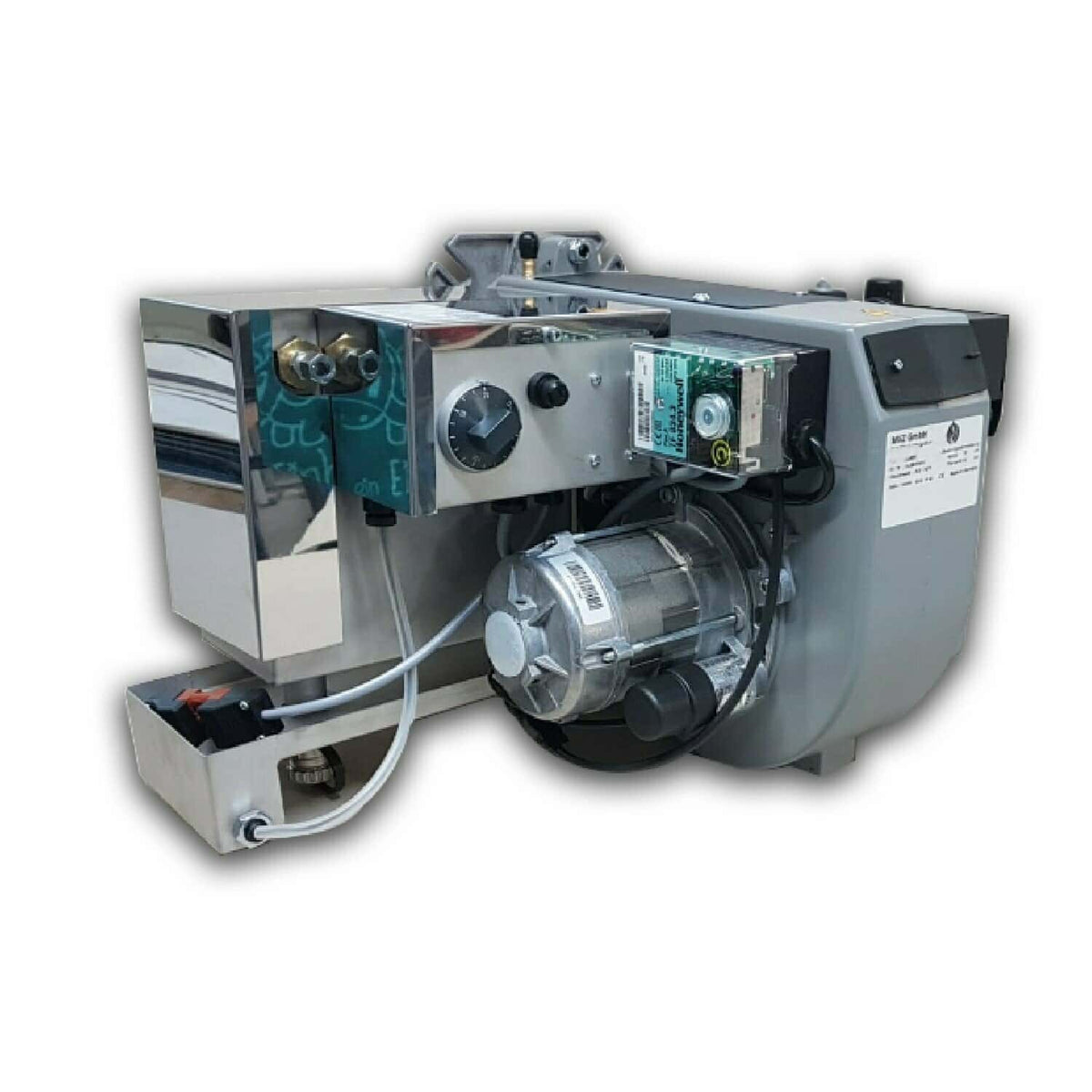 Bruciatore compatto EMB per olio esausto, con struttura in acciaio verniciato, sistema di alimentazione automatica e regolazione della fiamma. Dotato di dispositivi di sicurezza integrati, è progettato per garantire una combustione efficiente e sostenibile, riducendo gli scarti energetici.