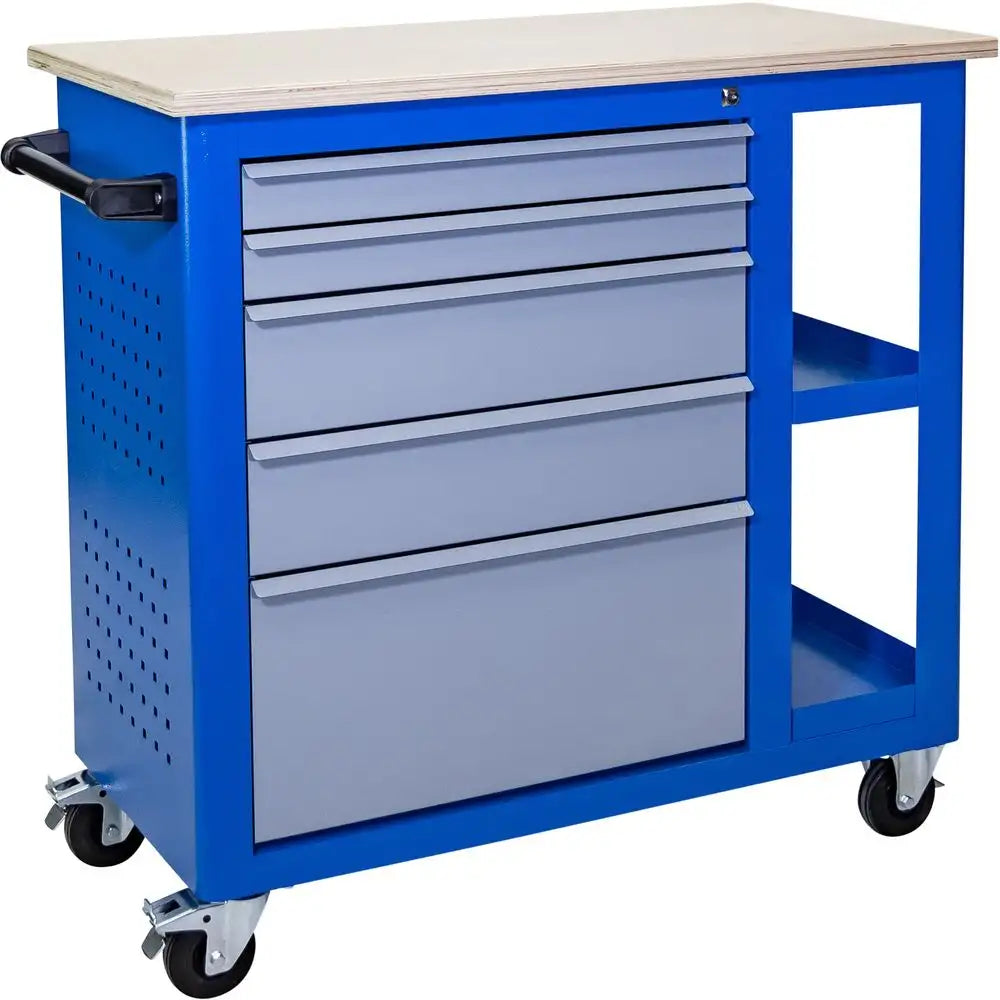 Carrello officina professionale Güde GWB 05 con banco da lavoro, 5 cassetti bloccabili, pannelli forati Euro e ruote con freno.