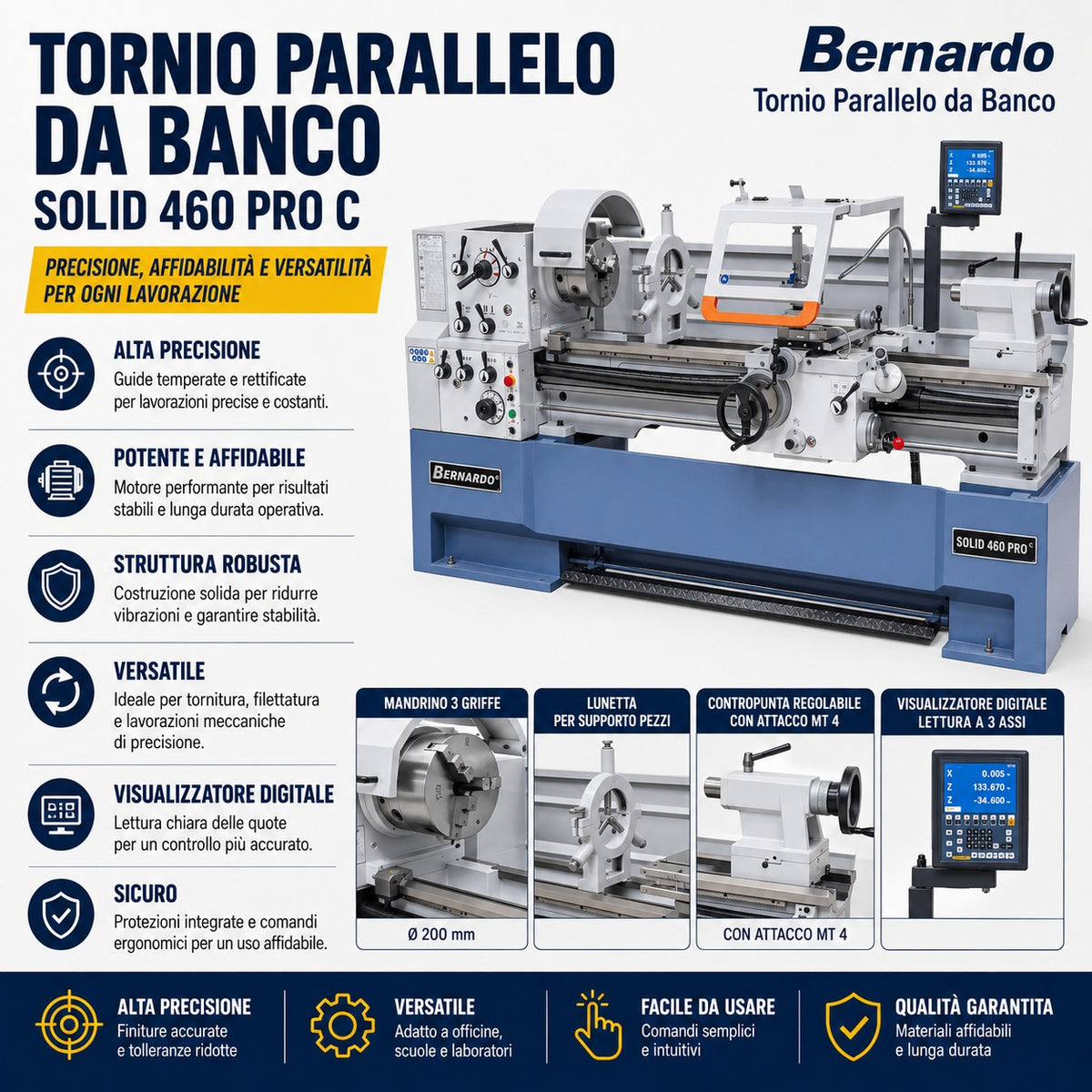 Tour à métaux Bernardo Solid 460 x 1500 Pro avec affichage numérique 3 axes