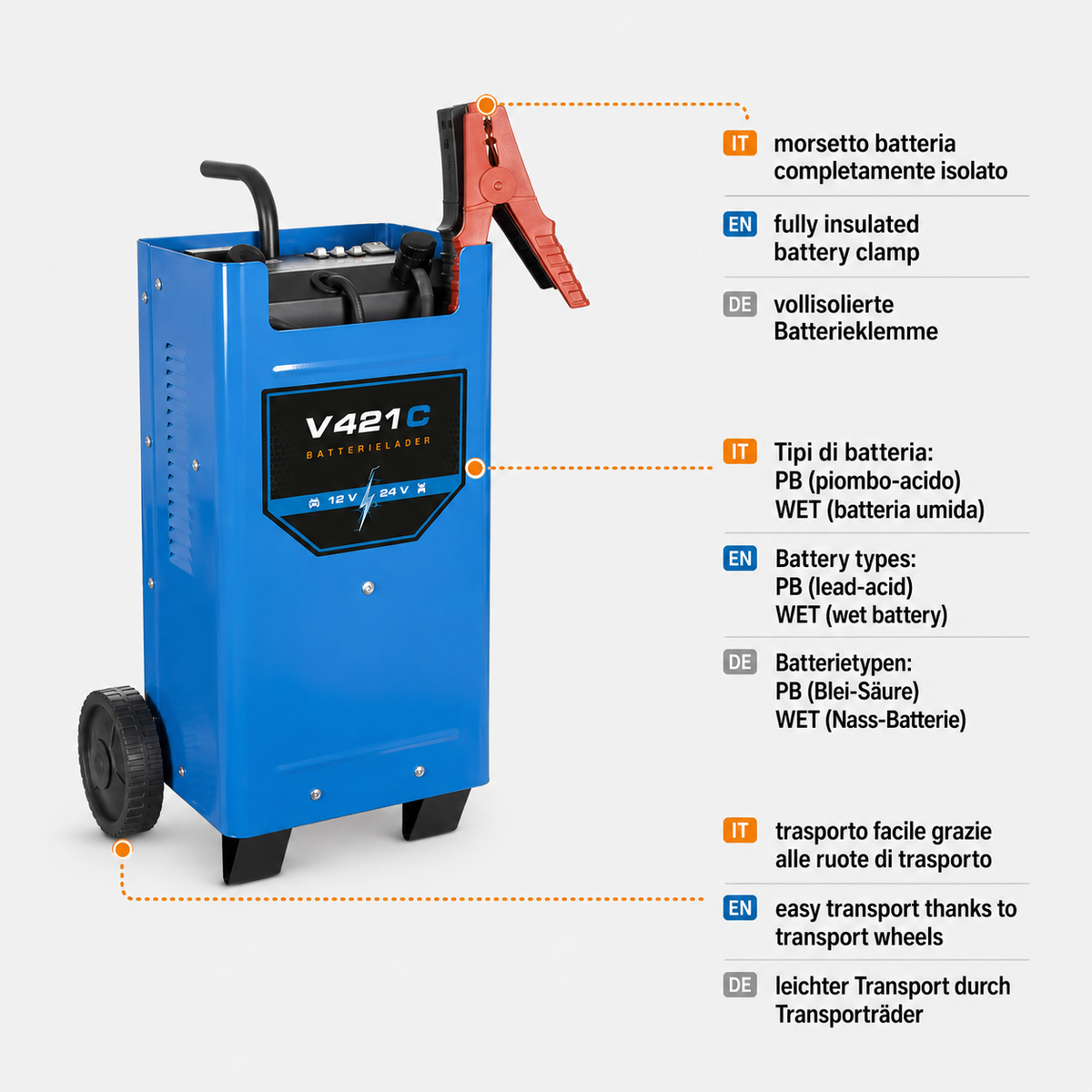 Chargeur de batterie Güde V 621 C 12/24 V avec fonction de démarrage