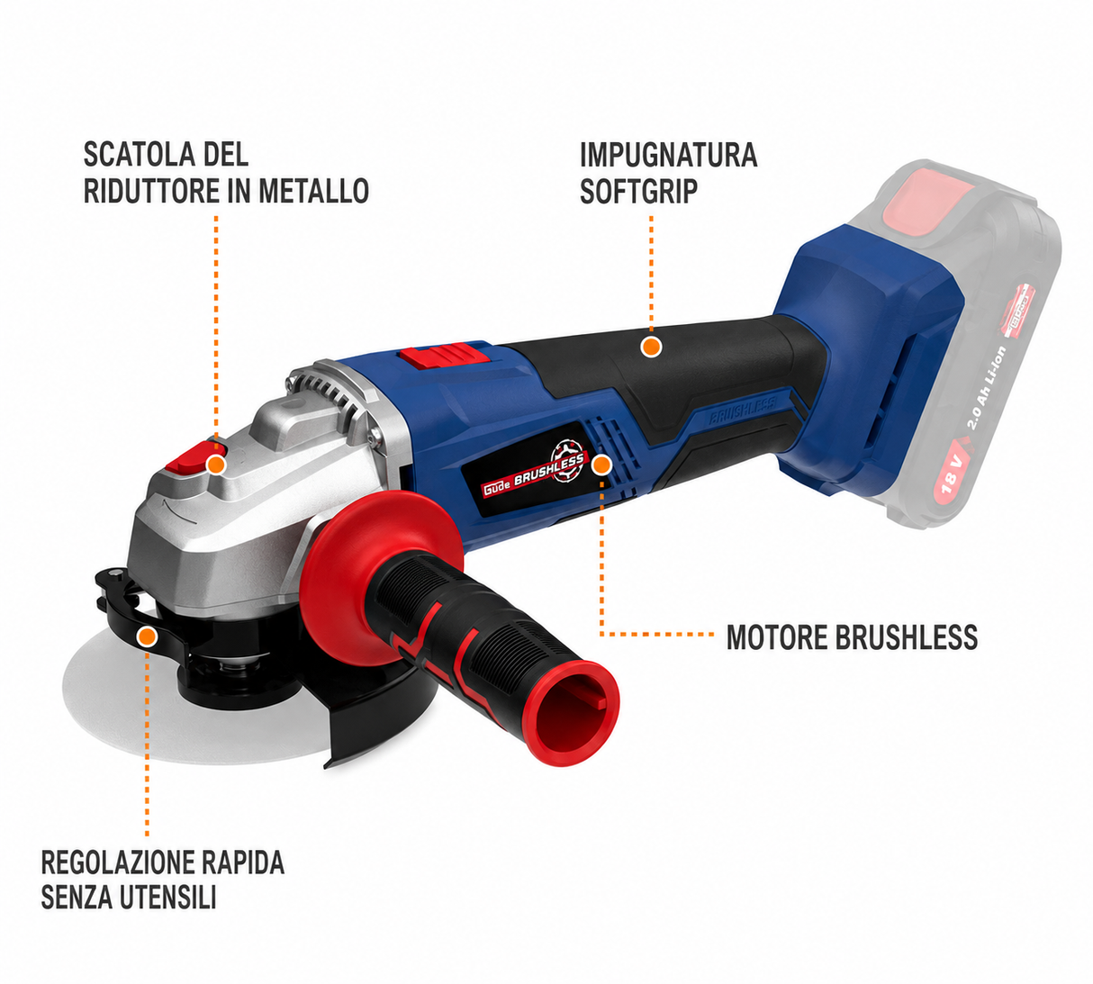 Meuleuse d'angle sans fil Güde WS 18-0 BL – 18V Brushless, Ø125 mm