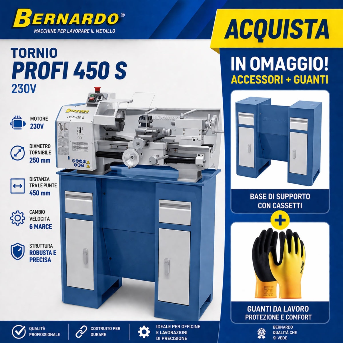 Tour Bernardo Profi 450 S 230 V en version combinée, avec socle à tiroirs et gants de travail. Diamètre de tournage 250 mm, entrepointes 450 mm.