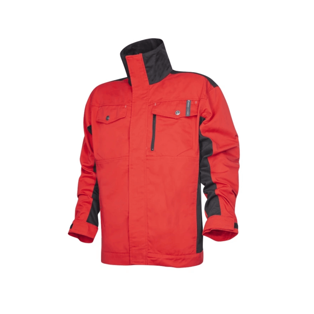 Giacca ARDONĀ® PRE100 rosso/nero con taglio anatomico, tasche multifunzione e regolazioni in velcro, ideale per utilizzo professionale.