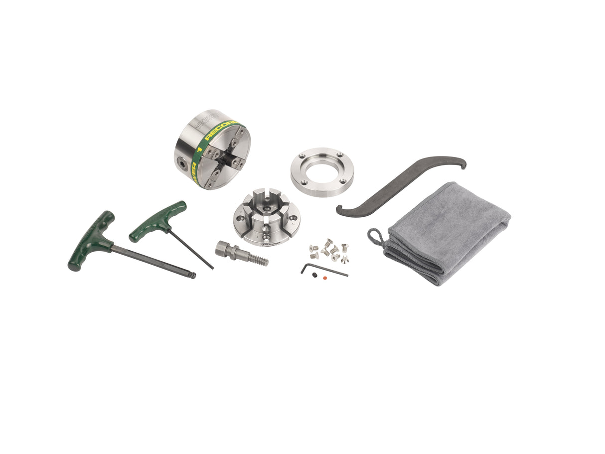 Mandrino professionale Record Power Victory ASR M33 DT con ganasce modulari VersaLock da 50 mm, anello flangia e accessori per tornitura sicura e precisa.