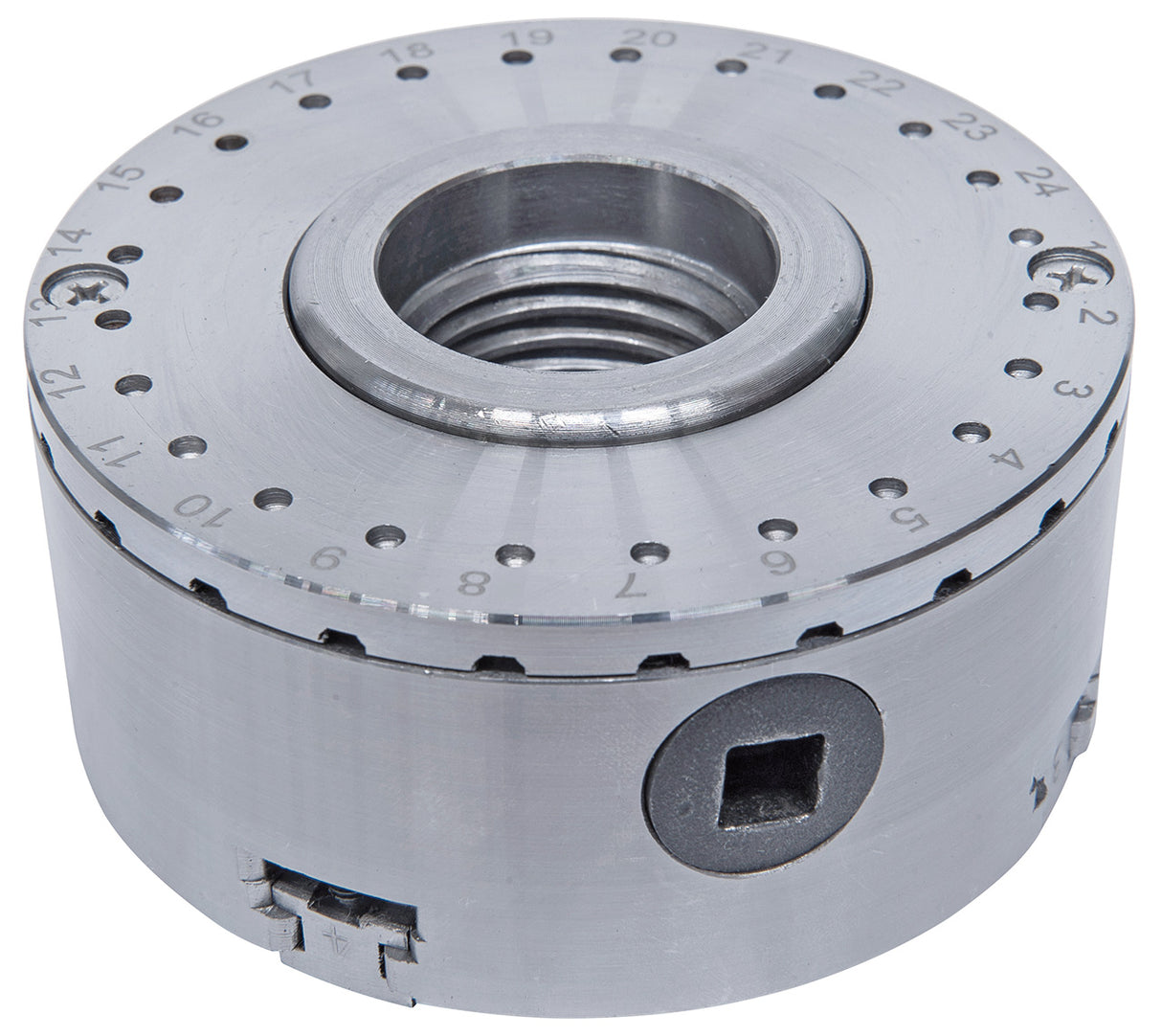 Piastra di divisione compatibile con mandrino M95, dotata di 24 arresti con intervallo di 15°, ideale per lavorazioni angolari precise su tornio.