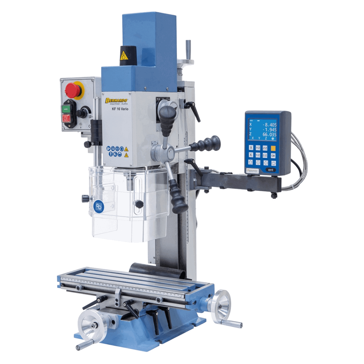 Perceuse-fraiseuse Bernardo KF 16 Vario avec afficheur digital 3 axes DT 40 – capacité de perçage Ø 16 mm, capacité de fraisage Ø 50 mm, table 400 × 120 mm, tête inclinable -90°/+90°, moteur 0,5 kW, 230V monophasé, poids 60 kg