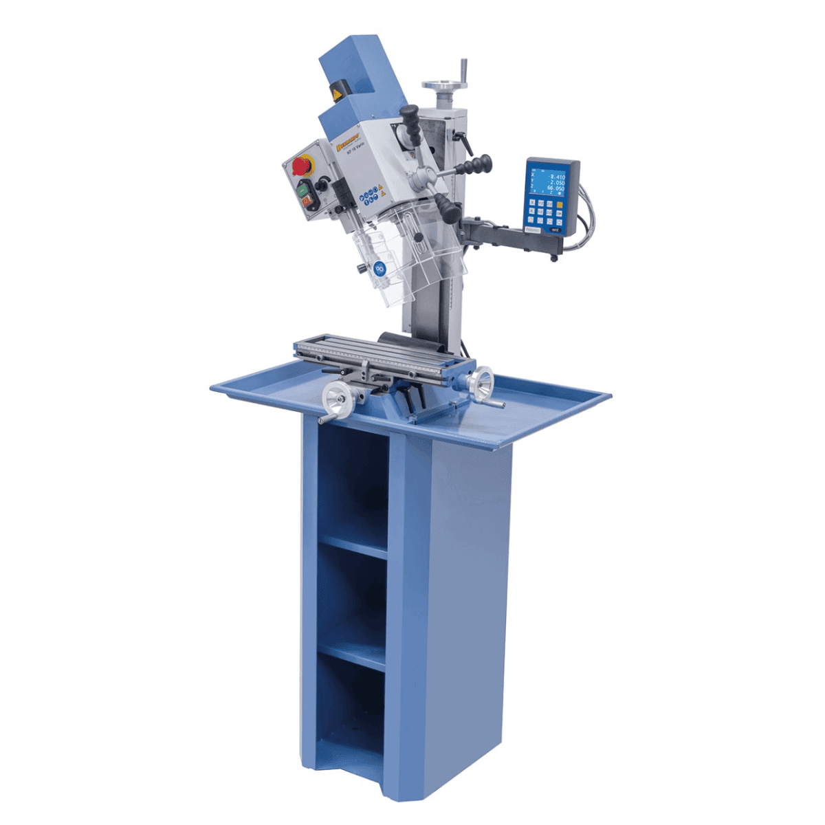 Perceuse-fraiseuse Bernardo KF 16 Vario avec afficheur digital 3 axes DT 40 – capacité de perçage Ø 16 mm, capacité de fraisage Ø 50 mm, table 400 × 120 mm, tête inclinable -90°/+90°, moteur 0,5 kW, 230V monophasé, poids 60 kg