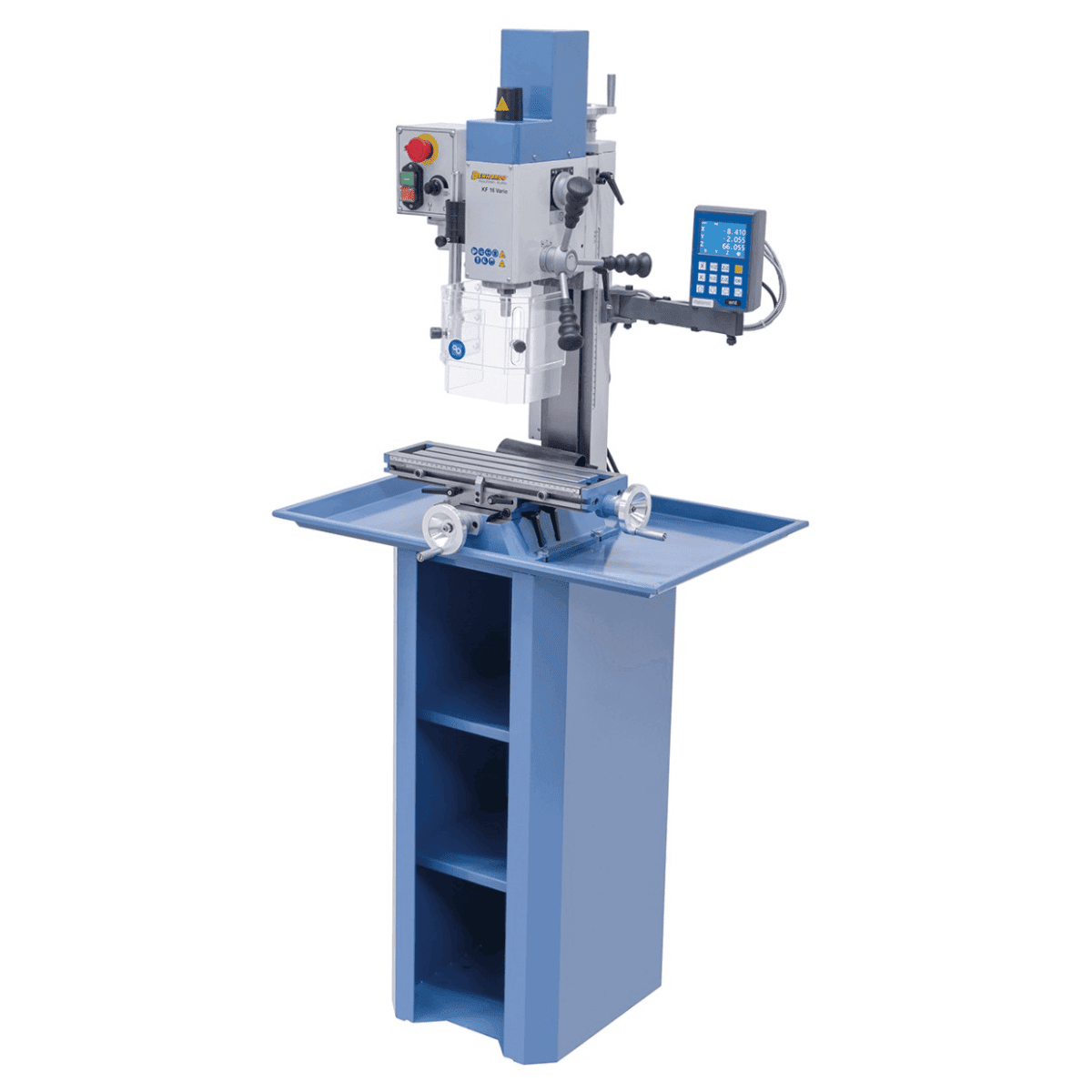Perceuse-fraiseuse Bernardo KF 16 Vario avec afficheur digital 3 axes DT 40 – capacité de perçage Ø 16 mm, capacité de fraisage Ø 50 mm, table 400 × 120 mm, tête inclinable -90°/+90°, moteur 0,5 kW, 230V monophasé, poids 60 kg