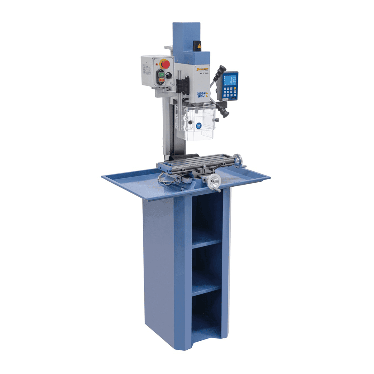 Perceuse-fraiseuse Bernardo KF 16 Vario avec afficheur digital 3 axes DT 40 – capacité de perçage Ø 16 mm, capacité de fraisage Ø 50 mm, table 400 × 120 mm, tête inclinable -90°/+90°, moteur 0,5 kW, 230V monophasé, poids 60 kg