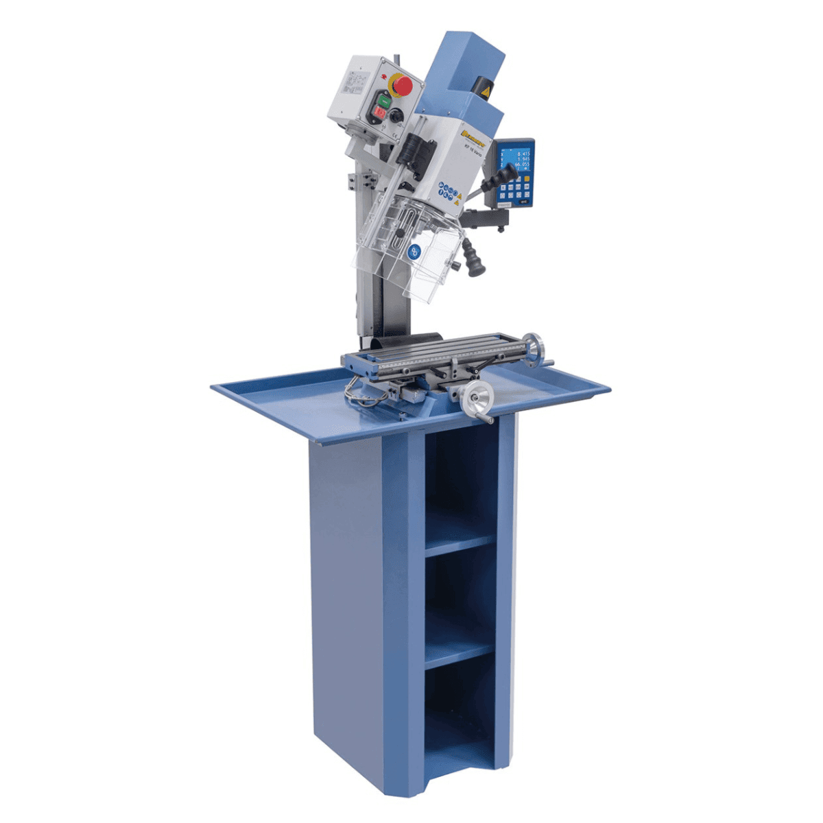 Perceuse-fraiseuse Bernardo KF 16 Vario avec afficheur digital 3 axes DT 40 – capacité de perçage Ø 16 mm, capacité de fraisage Ø 50 mm, table 400 × 120 mm, tête inclinable -90°/+90°, moteur 0,5 kW, 230V monophasé, poids 60 kg