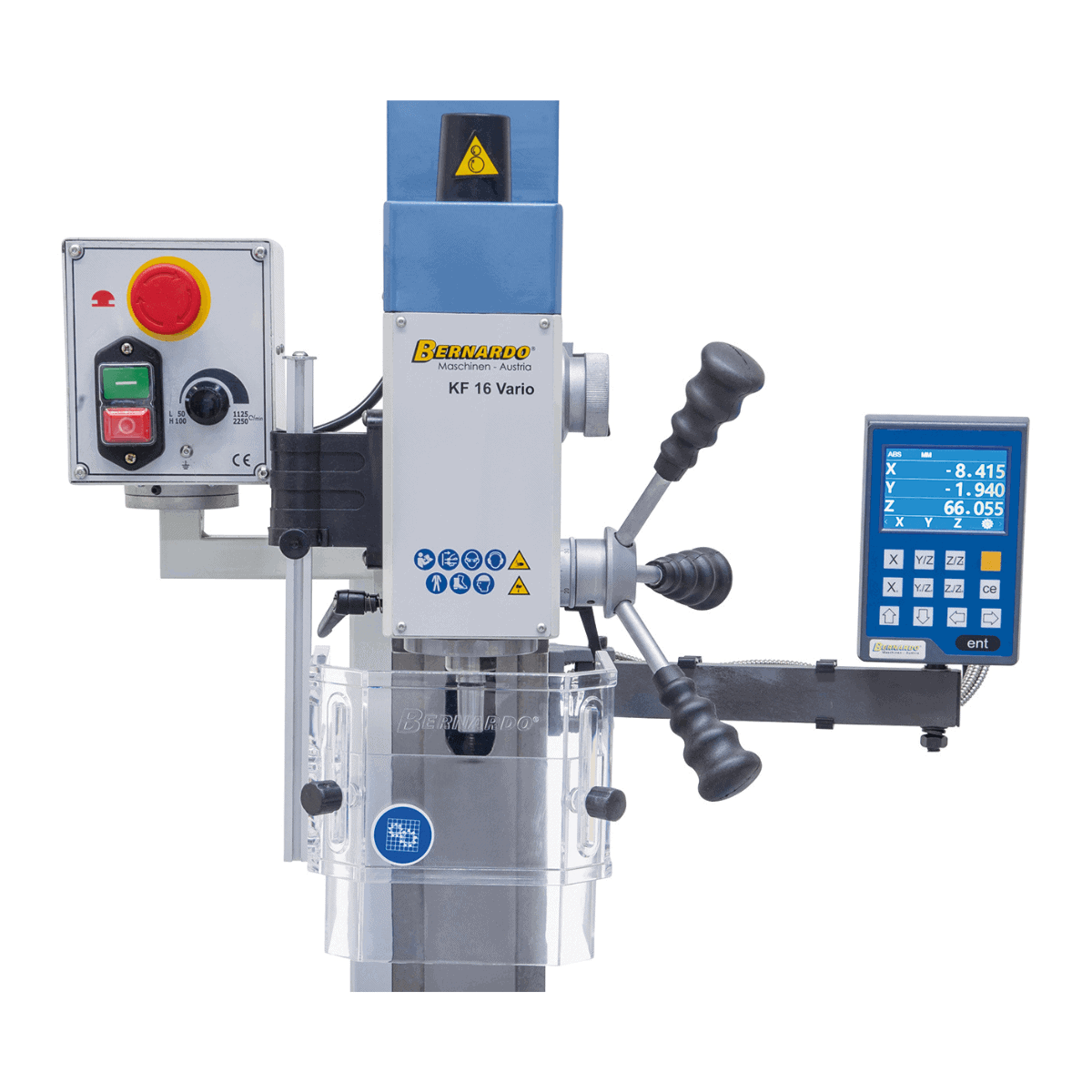Perceuse-fraiseuse Bernardo KF 16 Vario avec afficheur digital 3 axes DT 40 – capacité de perçage Ø 16 mm, capacité de fraisage Ø 50 mm, table 400 × 120 mm, tête inclinable -90°/+90°, moteur 0,5 kW, 230V monophasé, poids 60 kg