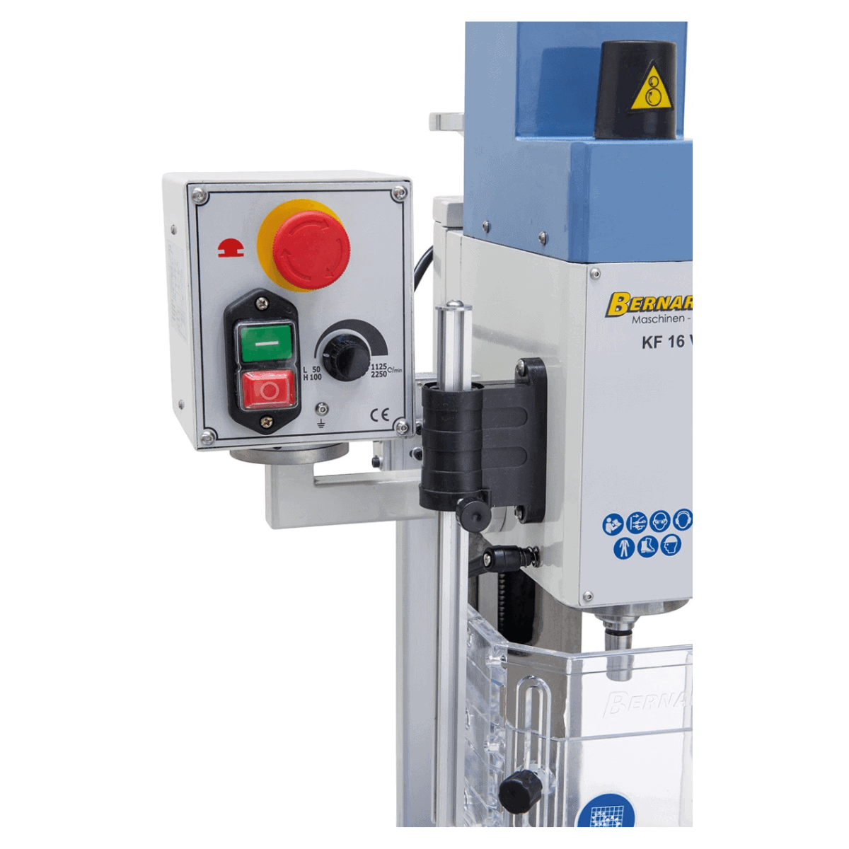 Perceuse-fraiseuse Bernardo KF 16 Vario avec afficheur digital 3 axes DT 40 – capacité de perçage Ø 16 mm, capacité de fraisage Ø 50 mm, table 400 × 120 mm, tête inclinable -90°/+90°, moteur 0,5 kW, 230V monophasé, poids 60 kg