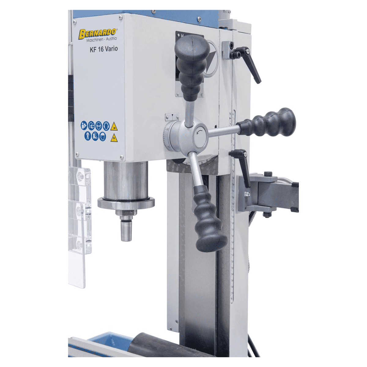 Perceuse-fraiseuse Bernardo KF 16 Vario avec afficheur digital 3 axes DT 40 – capacité de perçage Ø 16 mm, capacité de fraisage Ø 50 mm, table 400 × 120 mm, tête inclinable -90°/+90°, moteur 0,5 kW, 230V monophasé, poids 60 kg