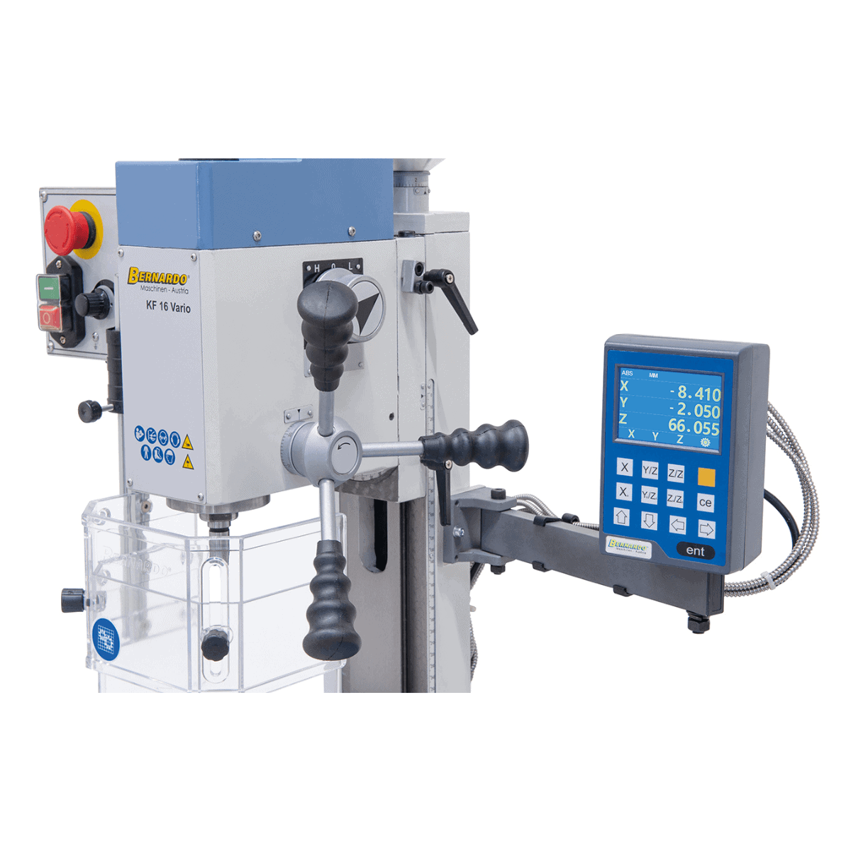 Perceuse-fraiseuse Bernardo KF 16 Vario avec afficheur digital 3 axes DT 40 – capacité de perçage Ø 16 mm, capacité de fraisage Ø 50 mm, table 400 × 120 mm, tête inclinable -90°/+90°, moteur 0,5 kW, 230V monophasé, poids 60 kg