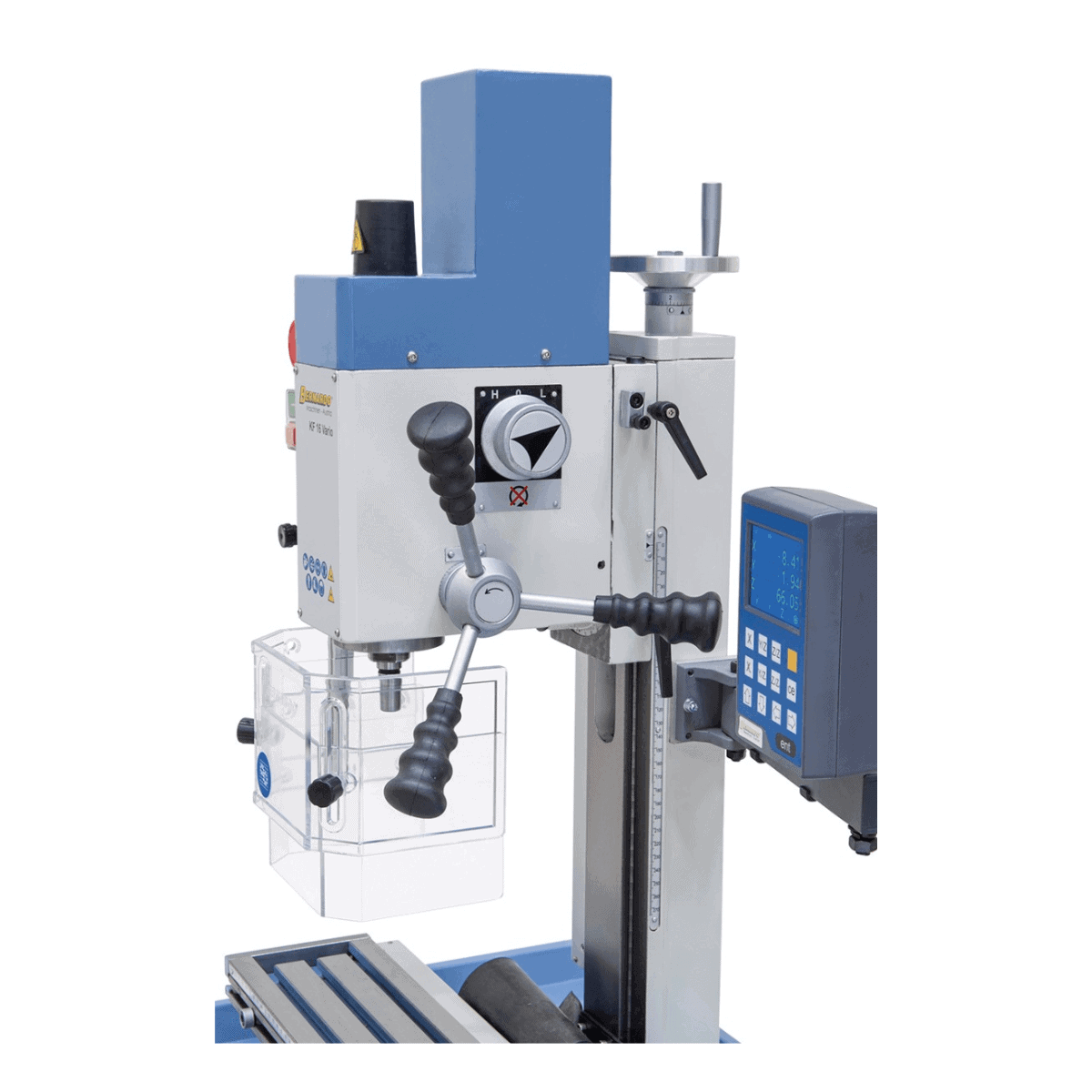 Perceuse-fraiseuse Bernardo KF 16 Vario avec afficheur digital 3 axes DT 40 – capacité de perçage Ø 16 mm, capacité de fraisage Ø 50 mm, table 400 × 120 mm, tête inclinable -90°/+90°, moteur 0,5 kW, 230V monophasé, poids 60 kg