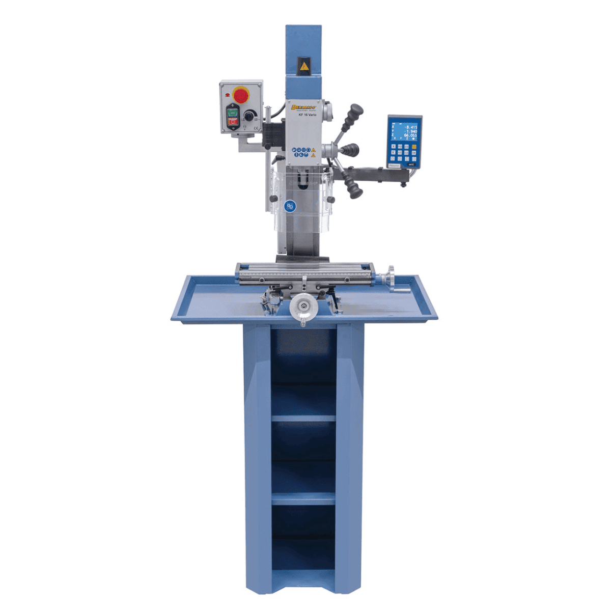 Perceuse-fraiseuse Bernardo KF 16 Vario avec afficheur digital 3 axes DT 40 – capacité de perçage Ø 16 mm, capacité de fraisage Ø 50 mm, table 400 × 120 mm, tête inclinable -90°/+90°, moteur 0,5 kW, 230V monophasé, poids 60 kg