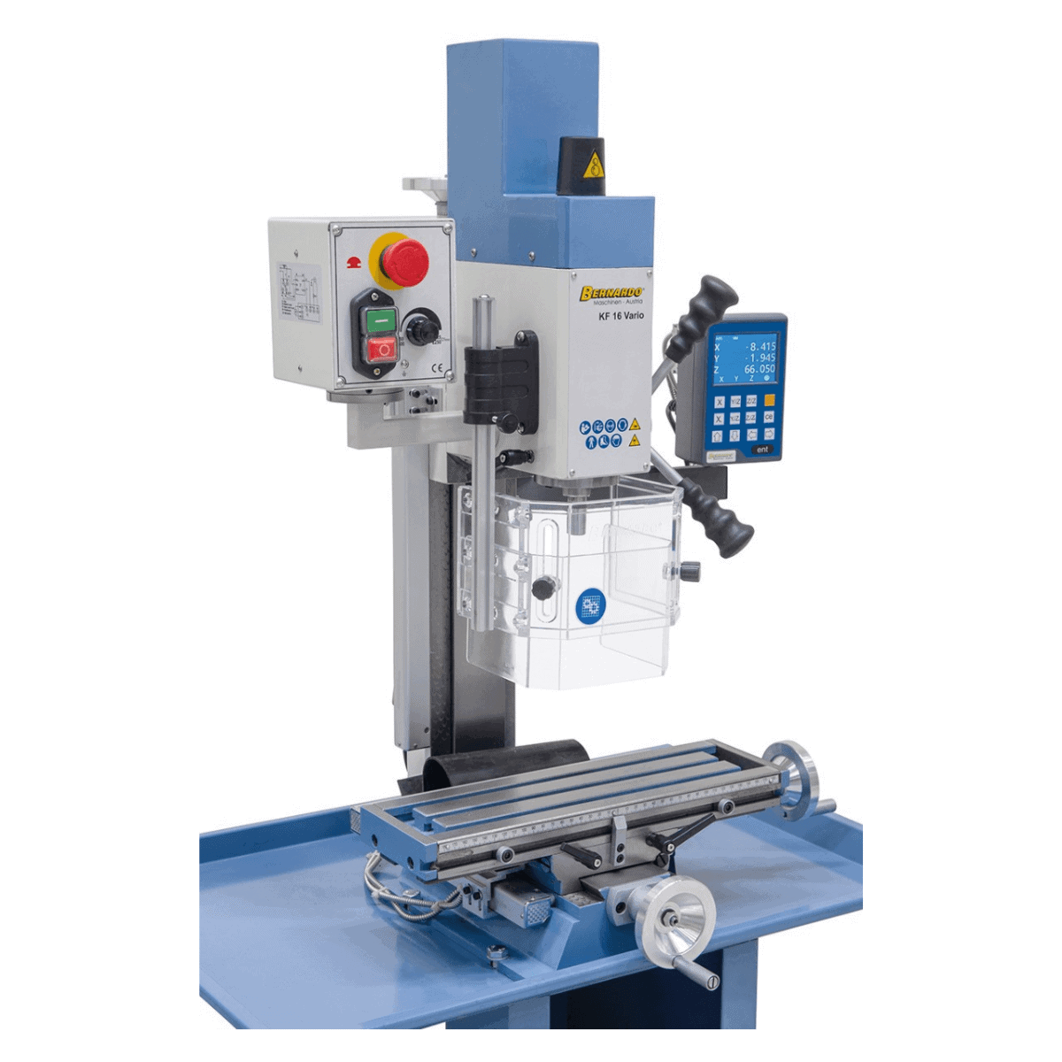Perceuse-fraiseuse Bernardo KF 16 Vario avec afficheur digital 3 axes DT 40 – capacité de perçage Ø 16 mm, capacité de fraisage Ø 50 mm, table 400 × 120 mm, tête inclinable -90°/+90°, moteur 0,5 kW, 230V monophasé, poids 60 kg