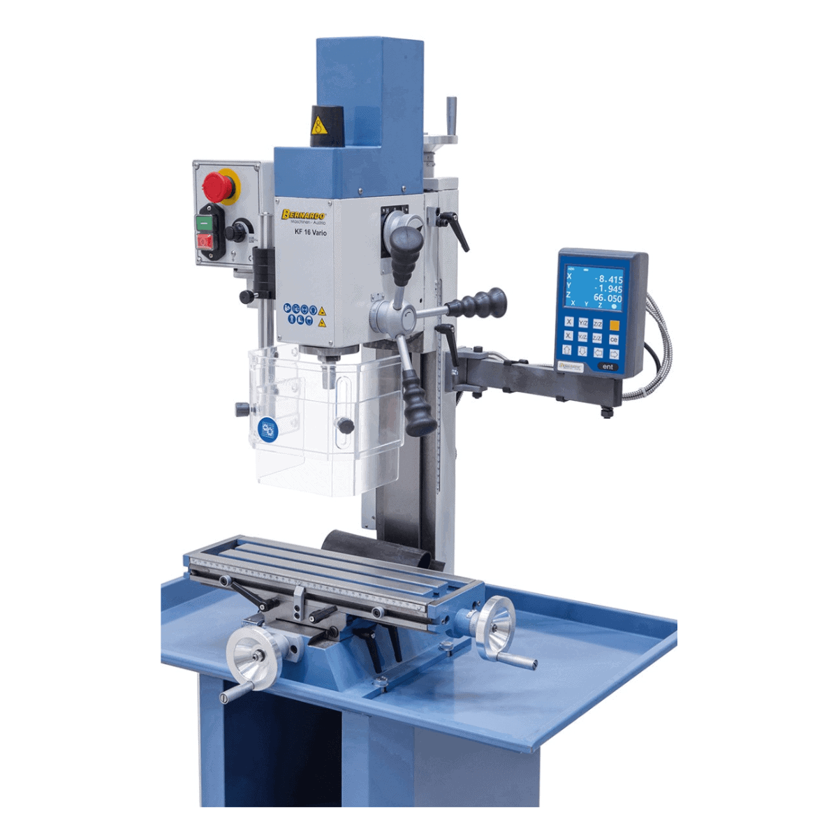 Perceuse-fraiseuse Bernardo KF 16 Vario avec afficheur digital 3 axes DT 40 – capacité de perçage Ø 16 mm, capacité de fraisage Ø 50 mm, table 400 × 120 mm, tête inclinable -90°/+90°, moteur 0,5 kW, 230V monophasé, poids 60 kg