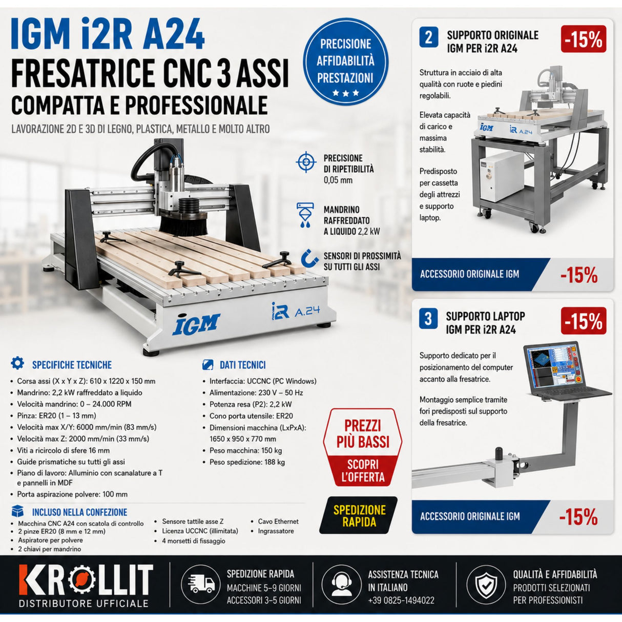 Combo fraiseuse CNC IGM i2R A24 + Support d’origine + Support pour ordinateur portable