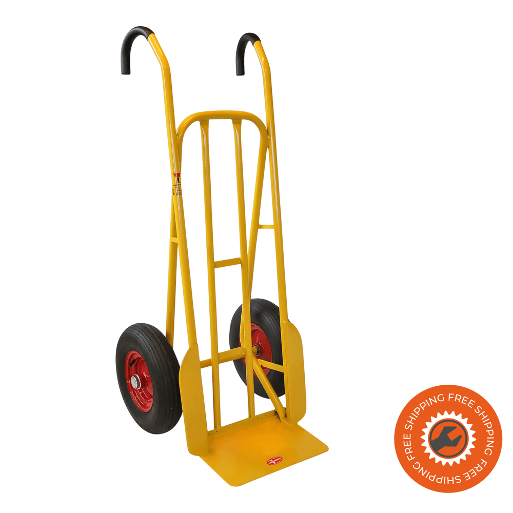 Carrello portapacchi Ravendo Magnum 500 in acciaio giallo, con ruote pneumatiche Ø 400 mm e capacità di carico fino a 500 kg.
