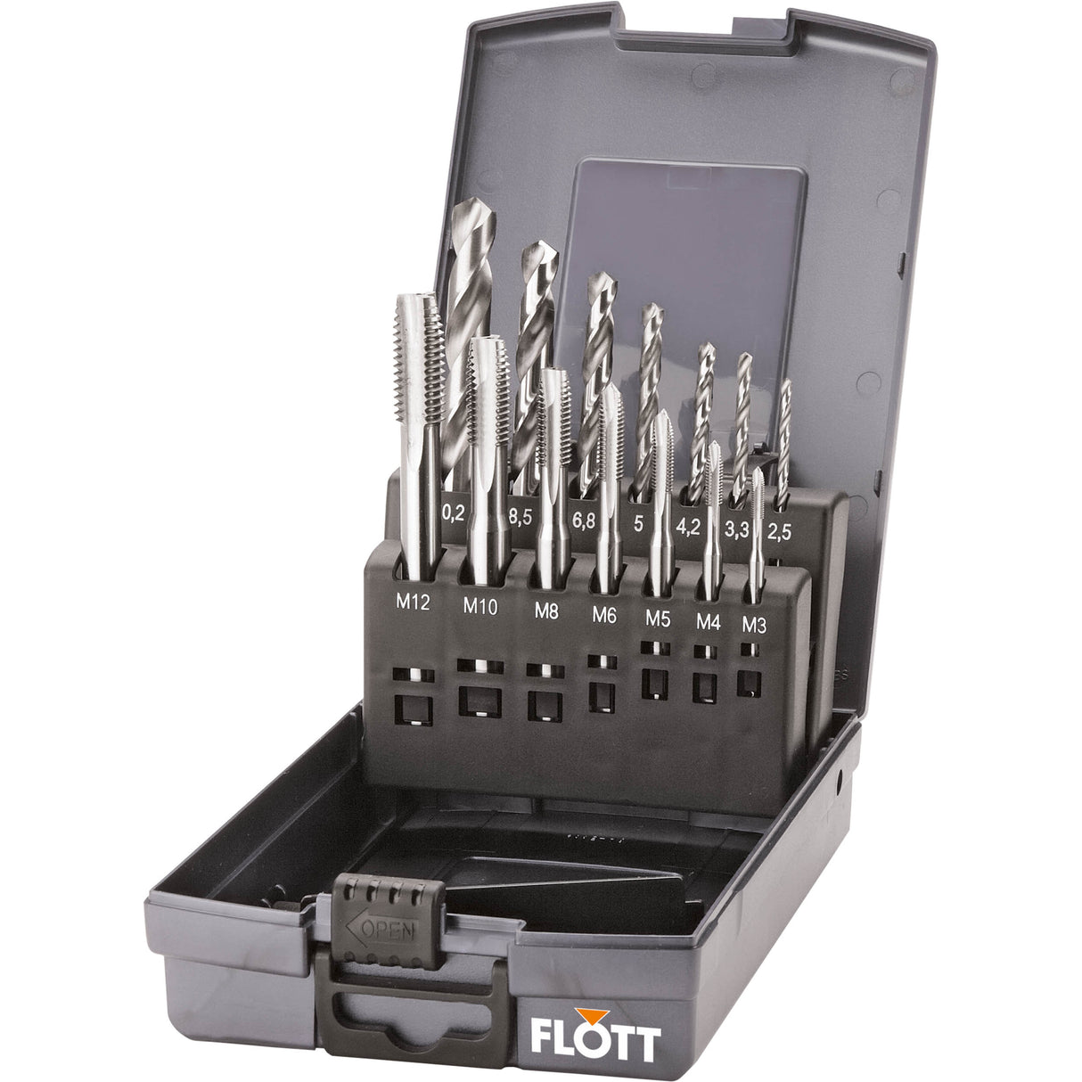 Set di maschiatori Flott ordinati in una resistente ABS-Box, completo di maschiatori DIN 371/376 Form B e punta da preforo per una filettatura metrica precisa.