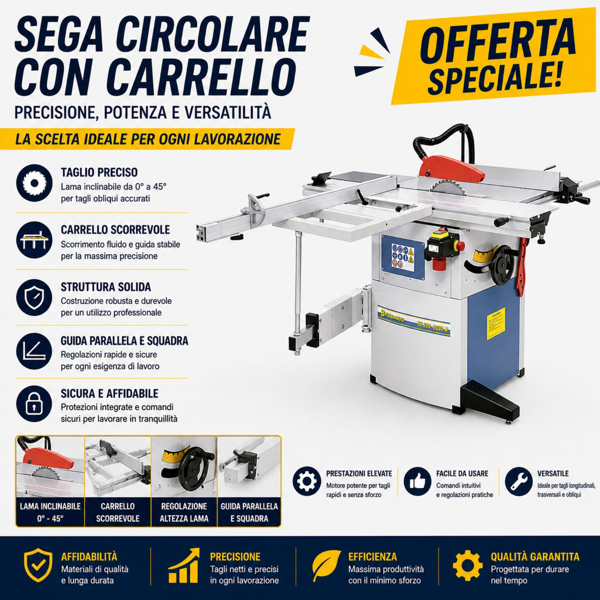 Squadratrice Bernardo FKS 1250 N, ideale per tagli precisi su pannelli e lavorazioni di falegnameria con carro scorrevole fluido e struttura stabile.