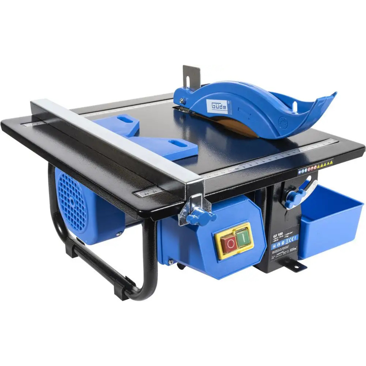 Tagliapiastrelle Güde GF 180 con disco diamantato da 180 mm, piano regolabile e guide integrate per tagli diritti e diagonali.