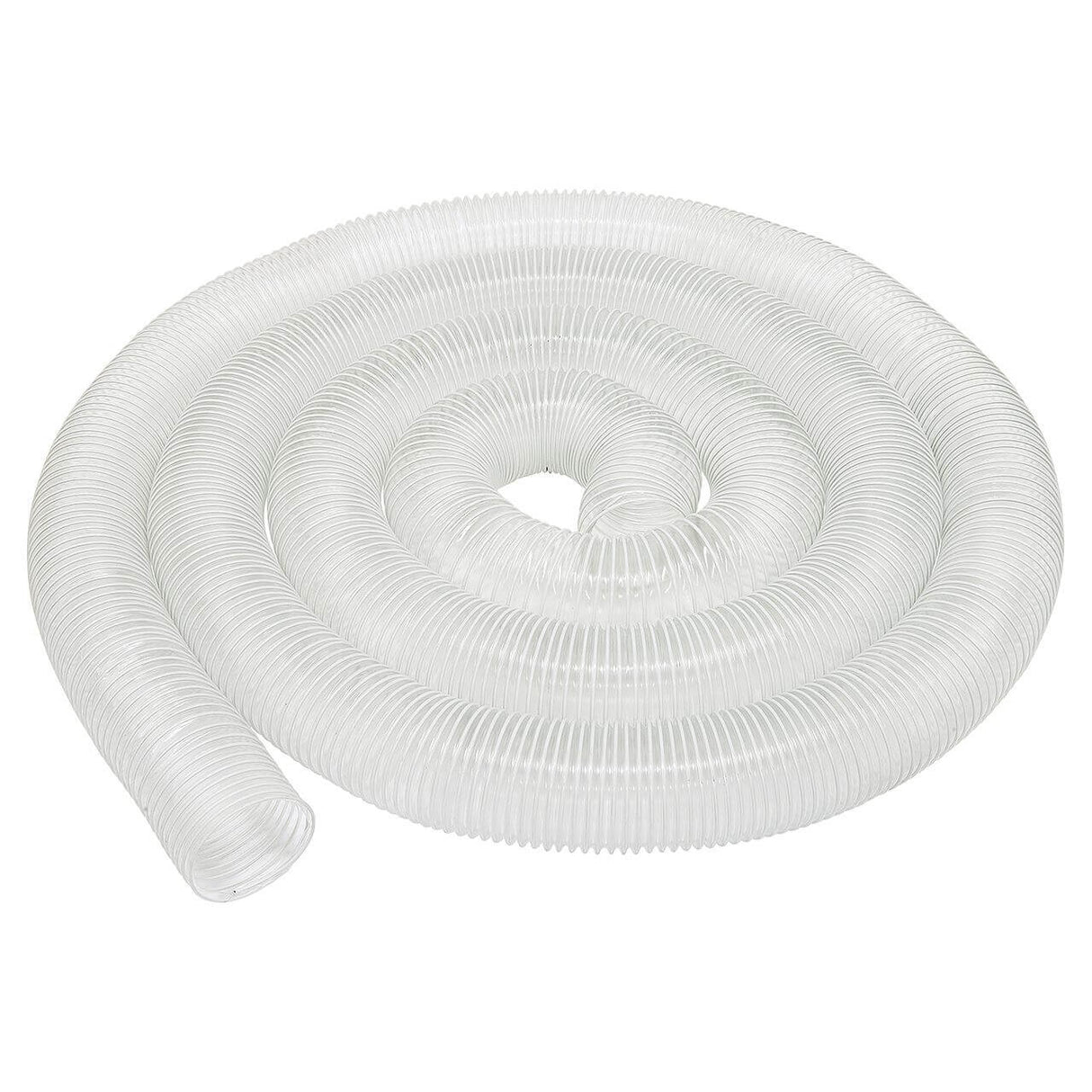 Tubo trasparente in PVC flessibile con spirale in acciaio, Ø100 mm e lunghezza 10 m, perfetto per impianti di aspirazione in falegnameria e officina.