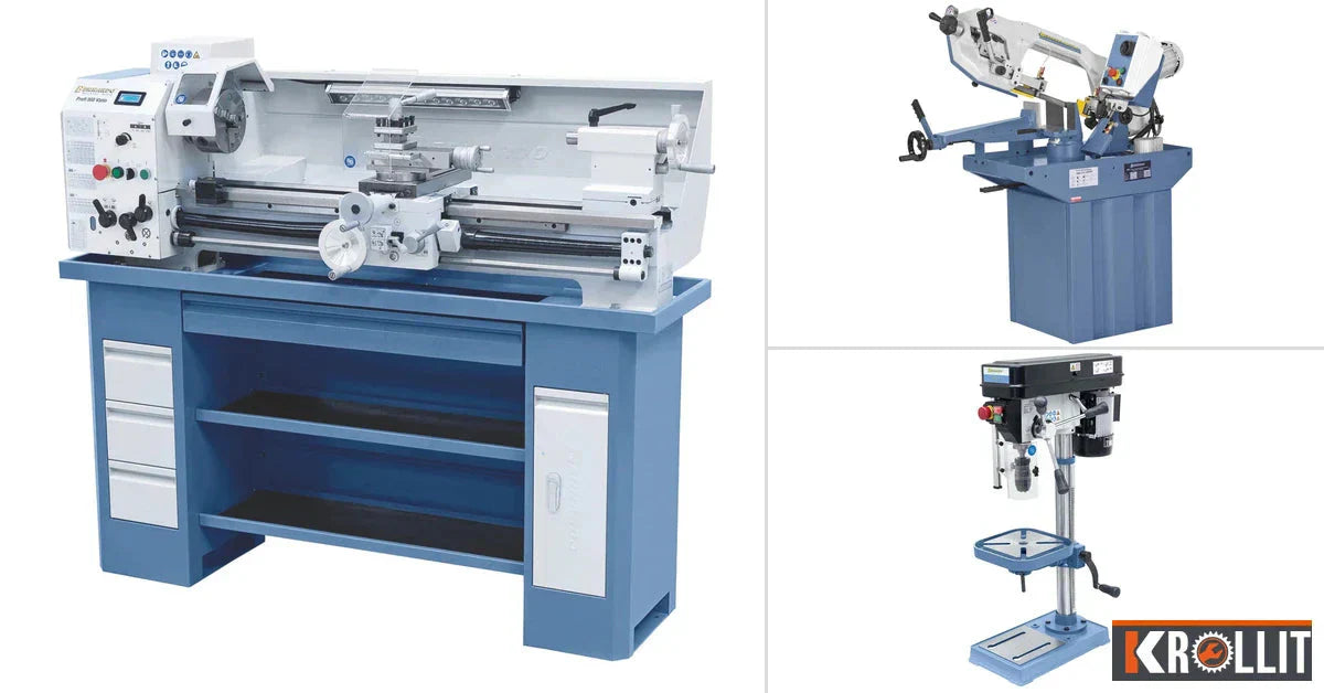 Attrezzatura officina meccanica professionale Bernardo — tornio, sega a nastro, trapano