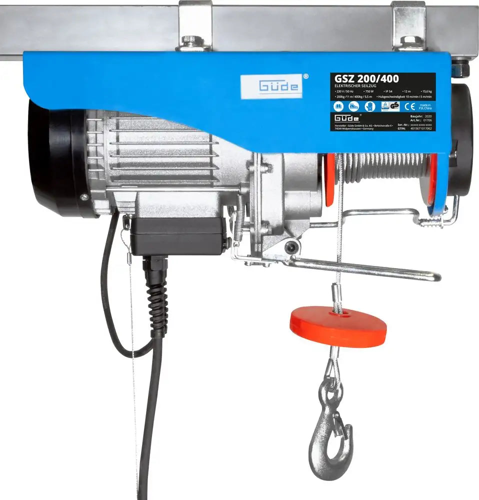 Palan électrique Güde GSZ 200/400 – capacité 200 kg en traction directe ou 400 kg avec poulie, câble 12 m