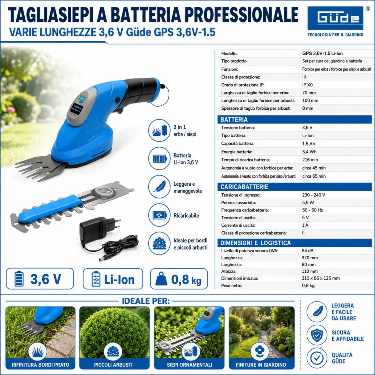 Set d’entretien du jardin sans fil Güde GPS 3,6V-1.5