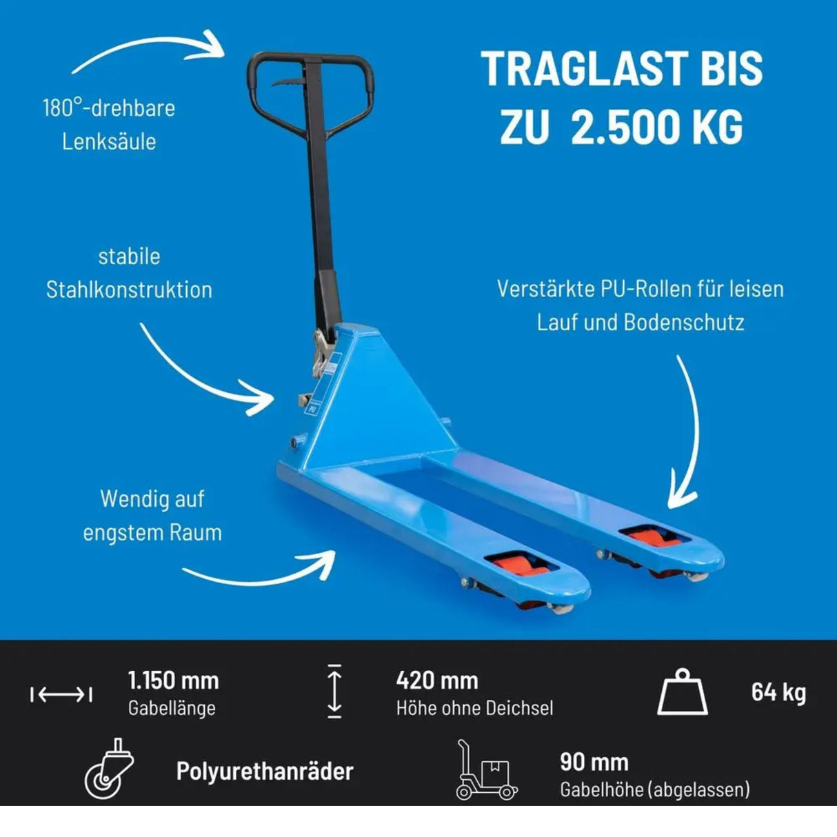 Transpalette manuel Güde 2500 kg – PU (polyuréthane)