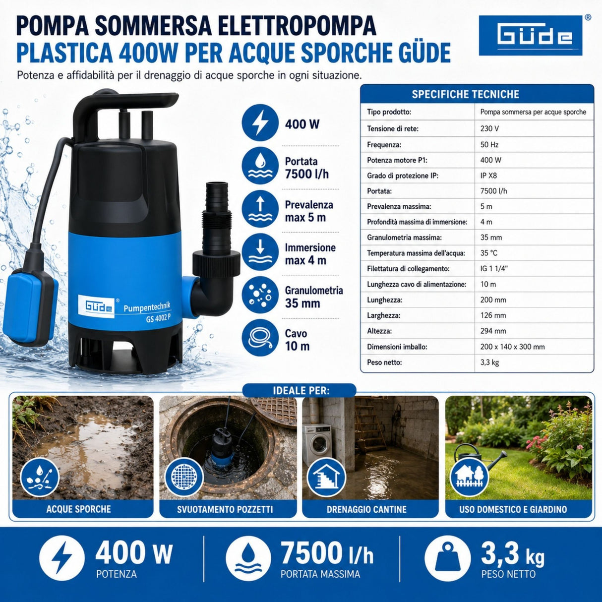 Güde Pompe submersible pour eaux chargées GS 4002 P