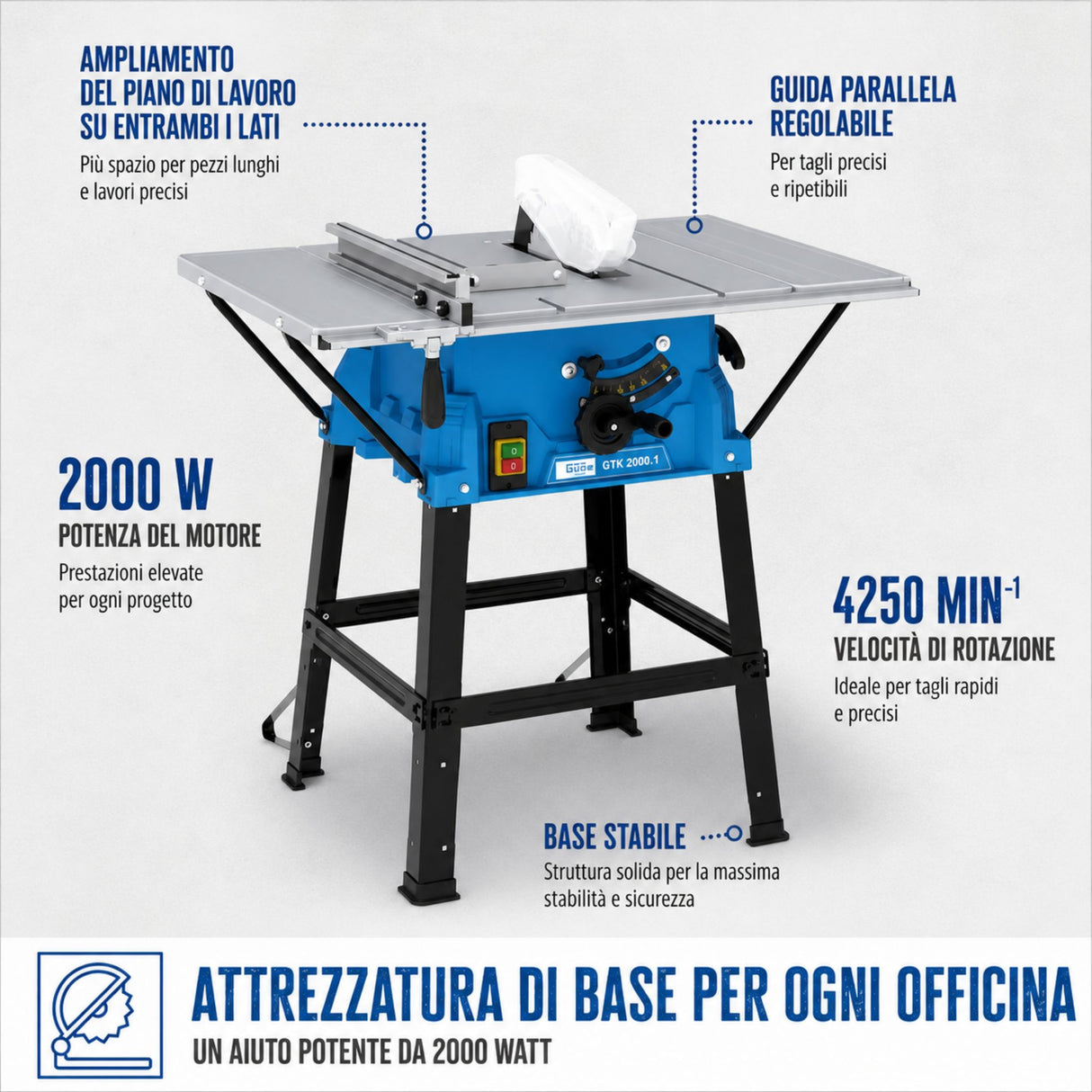 Scie circulaire de table Guede GTK 2000.1 – 2000 W, Ø250 mm, avec extensions