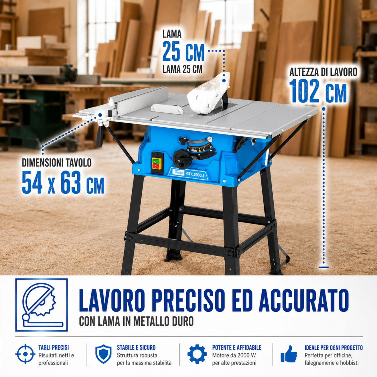 Scie circulaire de table Guede GTK 2000.1 – 2000 W, Ø250 mm, avec extensions