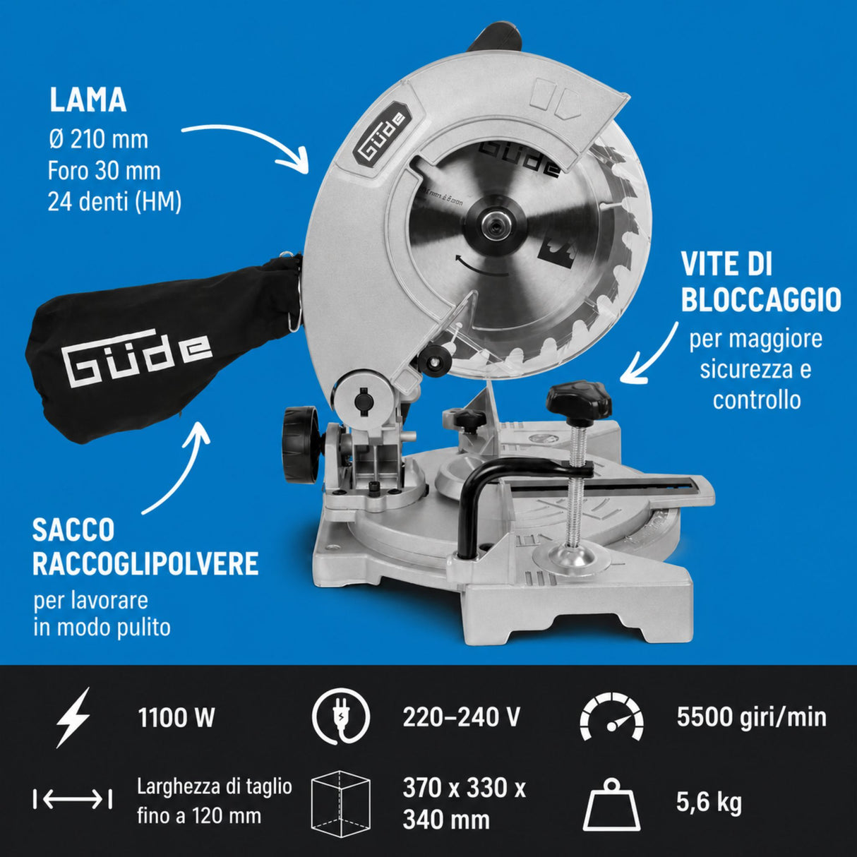Güde GKS 2134.1 – Scie à onglets compacte pour coupes d'angle et d'onglet 1100 W