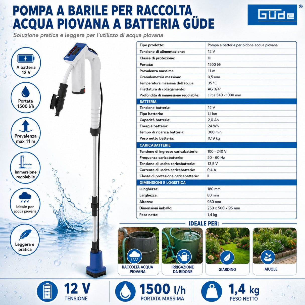 Pompe de citerne d'eau de pluie à batterie Güde RFP 12-201-04