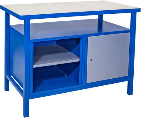 Banco da lavoro professionale Güde P 1200 T con piano da 38 mm in faggio, vano aperto e armadio chiudibile, ideale per officina.