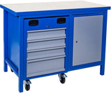 Banco da lavoro Guede 1200 SLT MULTI con piano in faggio da 38 mm, carrello portautensili integrato, cassetti su guide a sfere e struttura in acciaio saldato.