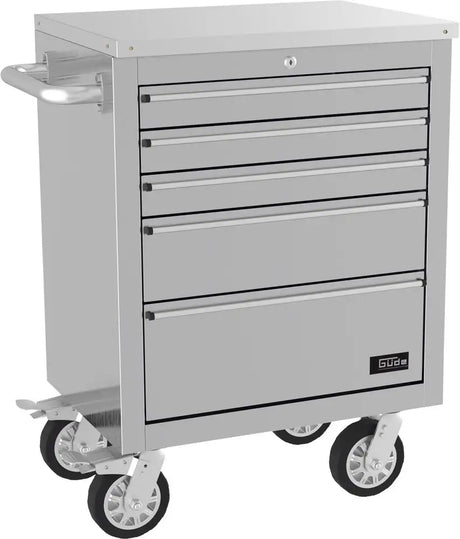 Banco da lavoro Guede GW 5 INOX in acciaio inox con piano rivestito, cinque cassetti chiudibili e ruote con freno, ideale per uso professionale e outdoor.