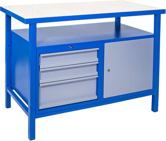 Banco da lavoro Guede P 1200 SLT con piano in faggio da 38 mm, struttura in acciaio saldato, cassetti e vano con anta e serratura separata per officina professionale.