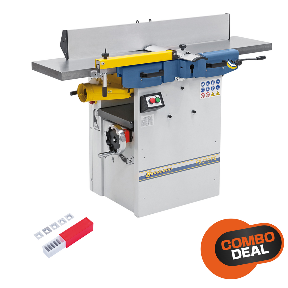 Vista completa della Bernardo Combo FS 310 PS con piani in ghisa, guida battuta inclinabile e display digitale, ideale per lavorazioni di falegnameria precise e silenziose.